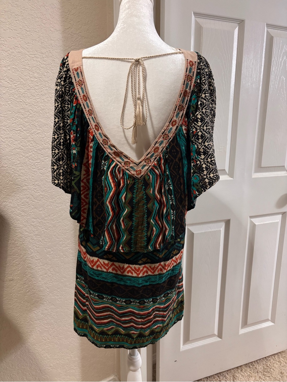 Flying Tomato Multicolor Backless Boho Mini Dress — Teal, Rust, Black, Cream